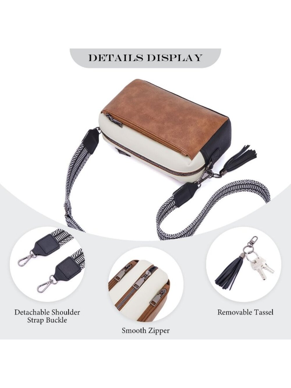 Women's Black/White/Brown Leather Triple Zip Small Crossbody Bag with Card Slot - Picture 6 of 6